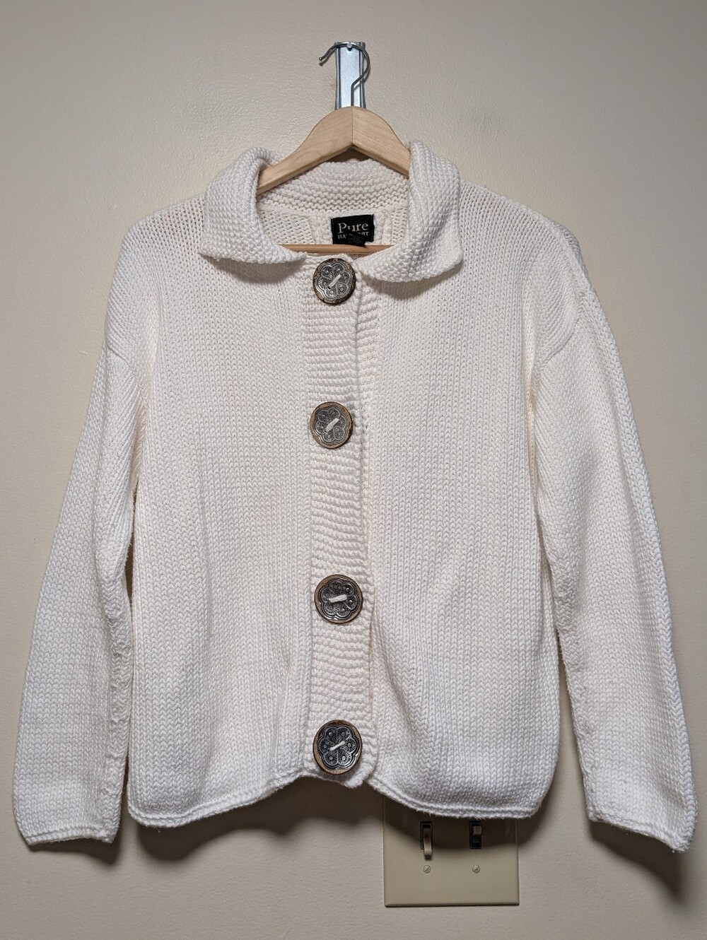 Pure Handknit Cotton Cardigan L XL White Chunky Statement Button Sweater